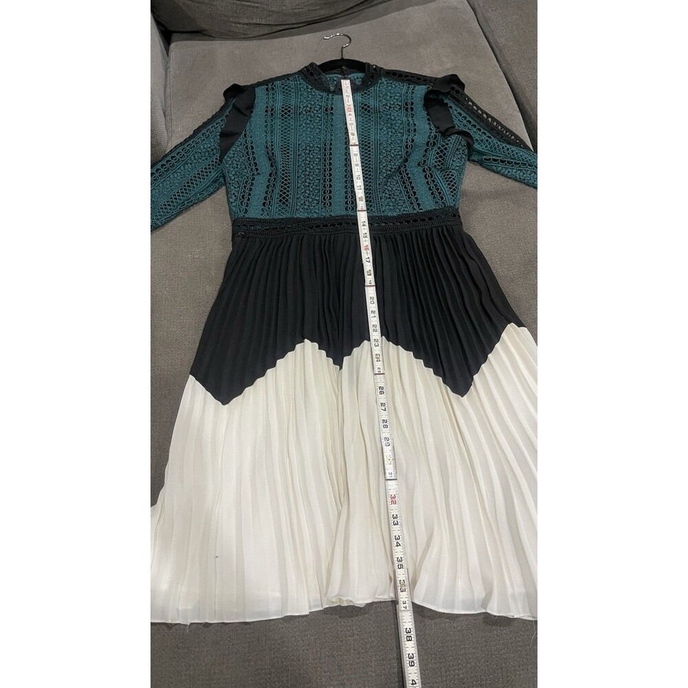 Self-Portrait Lace Pleated Midi Dress Green Black Ivory Long Sleeve US 8 UK 12 - Picture 12 of 12